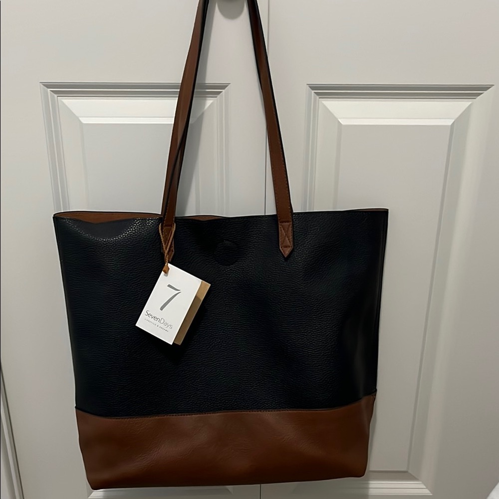 NWT Black and Brown Tote Bag Vegan Leather with pouch